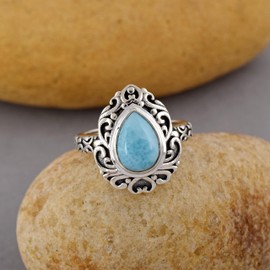 Natürlicher, birnenförmiger, oxidierter antiker Larimar-Edelsteinring, 925 Sterling Silber Statement-Schmuck für Sie 62 (19,7)