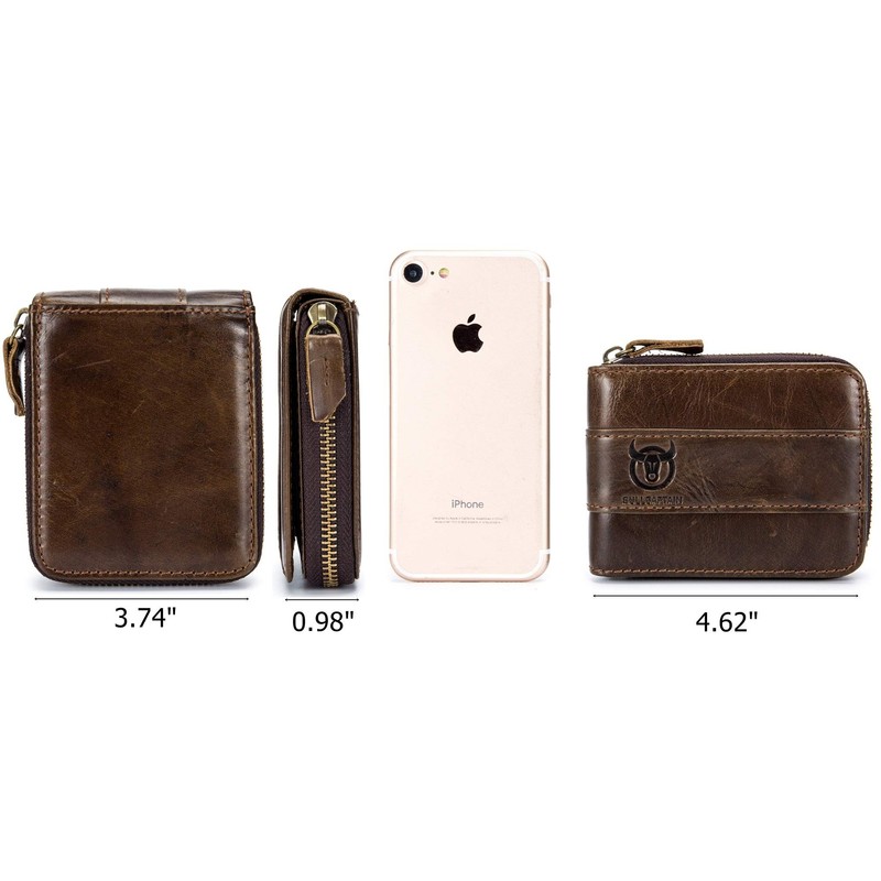 Genuine Leather Men Wallet Zipper RFID Blocking Vintage Bifold Wallets