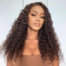 Rebasar Lace Front Wig, Deep Wave, 13 x 4 (33x10 cm) Lace Wig, Human Hair for Women, Curly, Brown, 24 Inches/61 cm, Real Hair Wig, Curly, 150