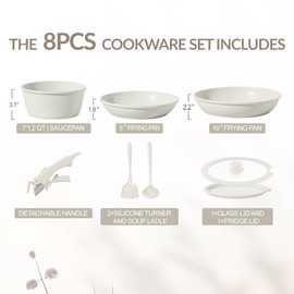 BECIGAR 8PCS Ceramic Cookware,Nonstick Ceramic Pan, Removable Handle Pots and Pans Set, Stackable Pan Set, Nonstick Pots and Pans Set Non Stick pot for Home,RV