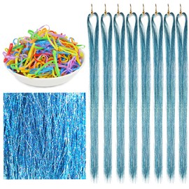 Hair Tinsel Extensions Light Lake Blue Colorful Glitter Tinsel Hair Kit Heat Resistant 42 Inch Sparkling Fairy Hair Accessories for Women Kids Girls 8 Pcs