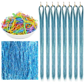 Hair Tinsel Extensions Light Lake Blue Colorful Glitter Tinsel Hair Kit Heat Resistant 42 Inch Sparkling Fairy Hair Accessories for Women Kids Girls 8 Pcs