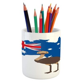 Lunarable Emu Pencil Pen Holder, Australian Map with National Flag and Cartoon Bird, Ceramic Pencil Holder for Desk Office Accessory, 3.6" X 3.2", Cobalt Blue Multicolor