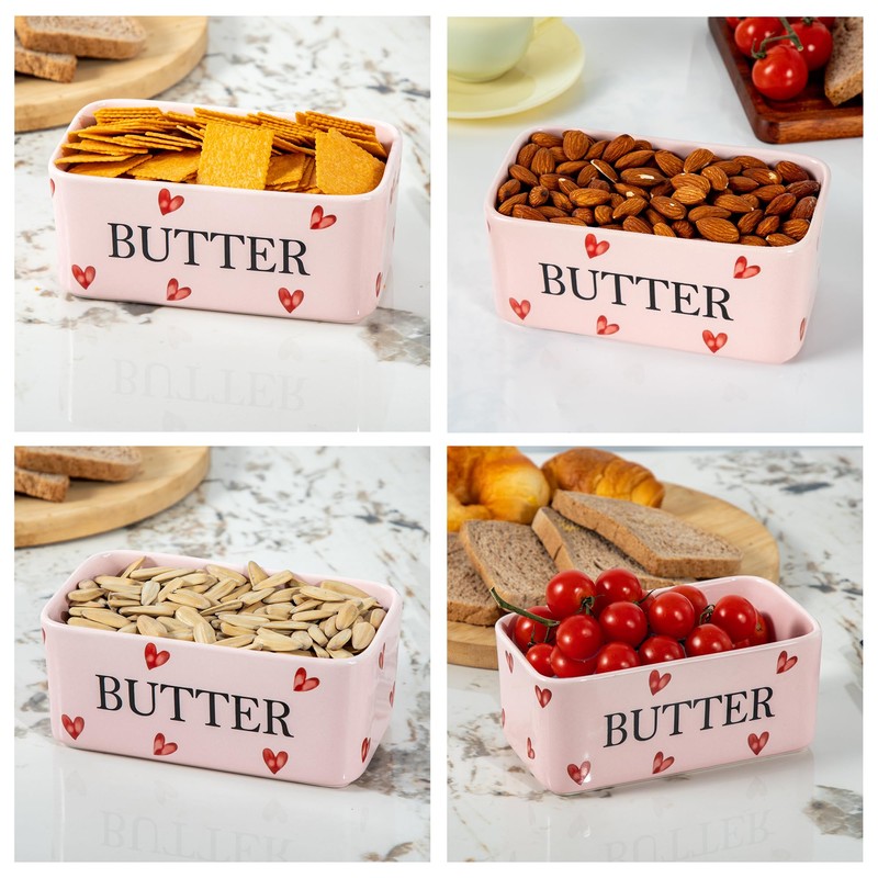 YumiPLUS Pink Ceramic Butter Dish with Bamboo Lid and Knife,