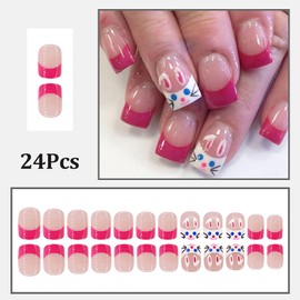 24 Pcs Pink French Tip Press on Nails Short Medium Fake Nails with Glue Easter False Nails with Cute Bunny Design Cute Rabbit Nails Press ons Acrylic Artificial Nails Holiday Glue on Nails for Women