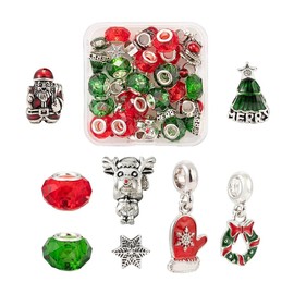 KISSITTY Juego de 36 cuentas europeas de Navidad de 4 a 5 mm con agujero grande de aleación y cuentas de cristal facetadas Rondelle surtidas cuentas para manualidades para hacer pulseras, collares, aretes, joyería