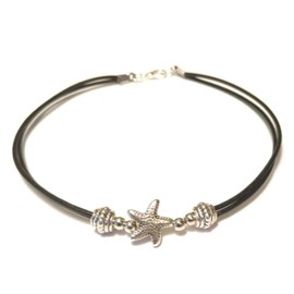 Leather Anklet Silver Starfish Double Cord Ankle Bracelet Gift Boxed 10 Inch Surfer Beach Swim Waterproof
