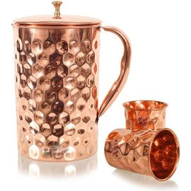 Pure Copper Pitcher with a Lid, Large Size Solid Copper, Copper Water Diamond Jug with 2 glasses, Capacity 54 Oz/1600 ml, Copper Carafe For Home, Hotels & Gifting