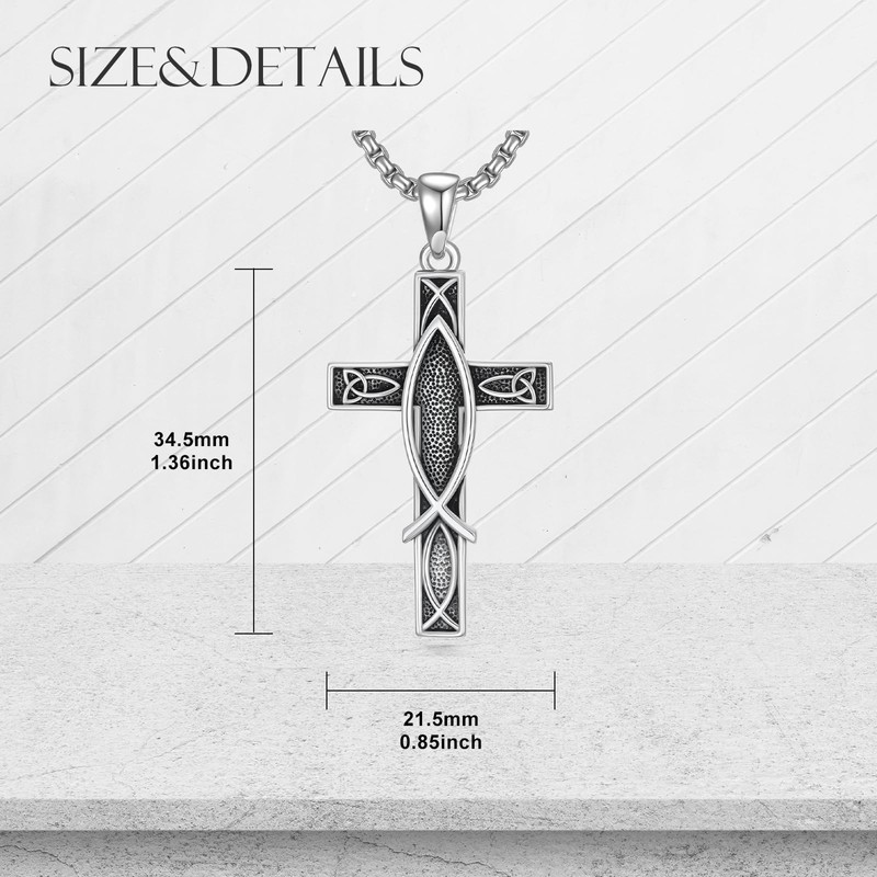 ROMANTICWORK Cross Necklace for Men 925 Sterling Silver Christian Fish