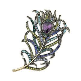 Mecool Women Vintage Peacock Feather Brooch Pins Simulated Crystal Teardrop Plume Brooch