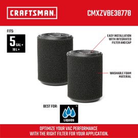 CRAFTSMAN CMXZVBE38778 - Filtro de aspiradora de uso húmedo y seco para la mayoría de aspiradoras de tienda de artesanos de 5 a 20 galones, fácil instalación, diseñado para recogidas de líquidos de