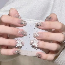 XUZOO 24 Pcs Nail Tips, 3D Nails, Short and Long, Cute, Floral Pattern, Stylish, Popular, False Nails, Nail Tip, Simple, Nail Sticker, Includes Double-Sided Tape (White Butterfly)