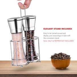 Professional Stainless Steel Salt and Pepper Grinder Set with Stand Manual Spice Adjustable Coarseness with Five Grinding Level Pepper Mill Grinders Shakers Gift Set with Silicone Funnel (Pack of 2)