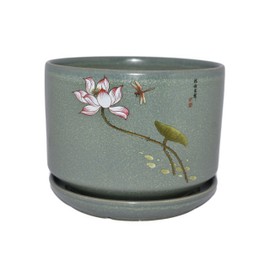 New 6.5" Pink Lotus Flower with Lily Pad and Dragonfly Speckled Sage Color Reactive Glaze Plant Planter Pot with Attached Saucer