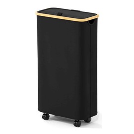 SpaceAid Slim Laundry Hamper with Wheels and Lid,62L Rolling Narrow Clothes Basket with Bamboo Handle, Large Laundry Hamper for Bedroom, Bathroom, Dorm, Laundry Room - Black