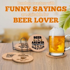 Funny Sayings 100% Natural Bamboo Beer Coasters 6-Pack Set Bamboo with Iron Hold Drink Coaster Gift for Housewarming Beer Words, Bar Dining Table Protecter