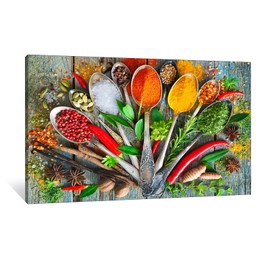Kitchen Wall Art - Vintage Herbs & Spices Canvas Prints for Kitchen Wall Decor, Colorful Cooking Spices Put on Each Spoon Painting Pictures, Framed Artwork for Home Kitchen Wall Decor (24x18 Inches)