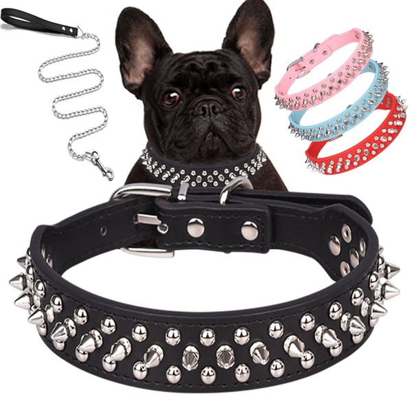 Pimaodog Spiked Studded Dog Collar, Adjustable Soft Leather Puppy Collar