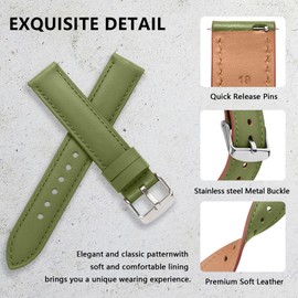 YLK Leather Strap for Garmin Vivomove 3S/Vivoactive 4S, Garmin Venu 3S/Venu 2S, Forerunner 265S/Forerunner 255S, 18 mm Soft Genuine Leather Watch Straps, Adjustable Replacement Strap (Army Green)