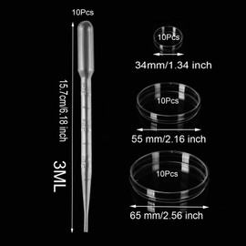 SyiXute 65+55+34 mm Petri Dish Set with Lids,30 Pcs Sterile Plastic Petri Dishes Comes with 10 Pcs 3ml Plastic Transfer Pipettes for Kids School Laboratory Science Fair Projects