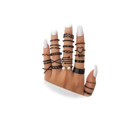 22Pcs Stacking Knuckle Statement Rings Sets for Women Teen Girls,Black Hollow Pearls Butterfly Heart Midi Rings Party Prom Trendy Jewelry Gifts (Black)