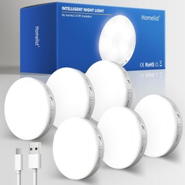 Homelist Motion Sensor Lights Indoor, 6 Pack Stair Night Lights Battery Operated Stick on Under Cabinet Lighting, 2 Color Temps Rechargeable Puck Lights for Bedroom Wall Hallway Kitchen Closet