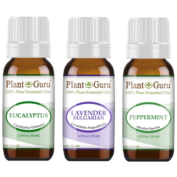 Essential Oil Set Beginner Trio Kit 10 ml 100% Pure Therapeutic Grade Includes: Eucalyptus, Lavender, Peppermint. for Aromatherapy Diffuser Humidifier, Skin and Hair Growth.