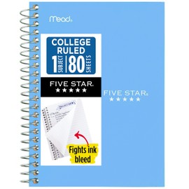 Five Star Spiral Notebook, 1 Subject, College Ruled Paper, 4-3/8" x 7", Personal Size, 80 Sheets, Blue (Color May Vary) (450048CG1)
