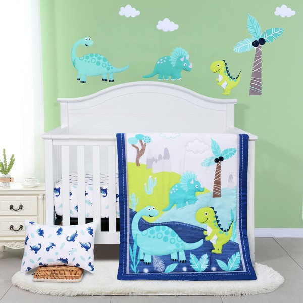 JISEN 3 Piece Crib Bedding Set Crib Quilt Crib Sheet Pillowcase - Soft Microfiber Printed Dinosaur Nursery Set for Baby Boys or Girls