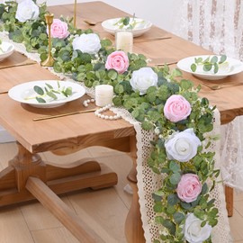 Waipfaru 6.07FT Artificial Eucalyptus Garland with Flowers, Fake Rose Gypsophila Floral Garland, Greenery Garland Floral Vines for Wedding Table Backdrop Party Centerpiece Room Decor