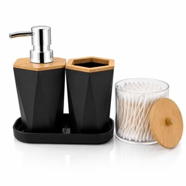 LGURT 4pc Hexagonal Black Bathroom Set, Soap Dispenser with Bamboo Lid
