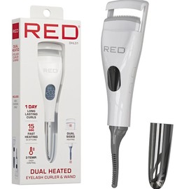 Red by Kiss Dual Heated Eyelash Curler & Wand (2-in-1), Fast Heat Mini Travel Electric Lash Curler with USB-C, Silicone Comb, LED Display, 24 Hours Long Lasting, 3 Heating Mode (White)
