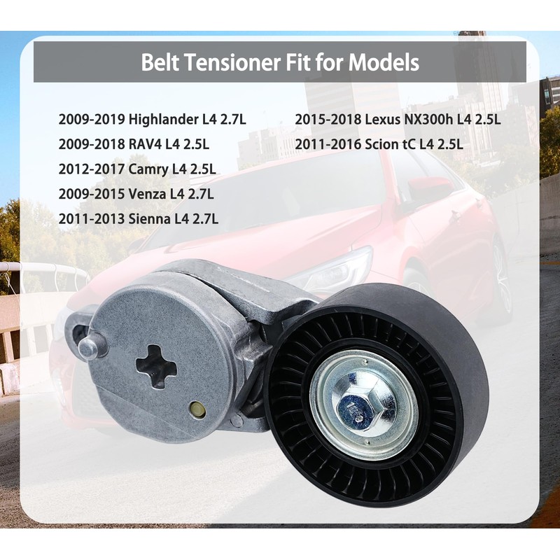Belt Tensioner Assembly with Pulley Compatible with RAV4 2009-2018, Camry