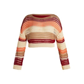 BEAUDRM Women's Plus Size Color Block Striped Hollow Out Crop Sweater Long Sleeve Knit Pullover Tops Orange Red White XX-Large Plus