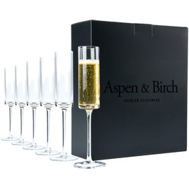 Aspen & Birch - Modern Champagne Flutes Set of 6 - Champagne Glasses - Mimosa Glasses, 100% Lead Free Crystal Stemware, Clear, 6 oz, Hand Blown Glass Champagne Flutes - Hand Crafted by Artisans