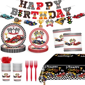 Bzxxysi Race Car Birthday Party Supplies Tableware Set Racing Car Party Decorations Include Plates, Napkins, Cups, Fork, Tablecloth, Banner for Race Car Theme Birthday Decorations, Serve 24