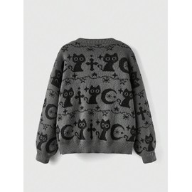 SHENHE Women's Oversized Goth Cartoon Pattern Ripped Round Neck Sweater Pullover Top Grey L