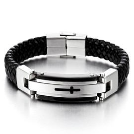 COOLSTEELANDBEYOND Mens Stainless Steel ID Identification Bracelet with Cross Black Braided Leather Wristband Bangle(CA)