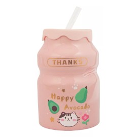 Taza Vaso Yakkul Ceramica Tapa + Popote Kawaii Cute 12265 N* Color Rosa Aguacate