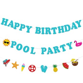 Glitter Pool Birthday Party Banner, Happy Birthday Banner for Pool Party Decorations (Blue)
