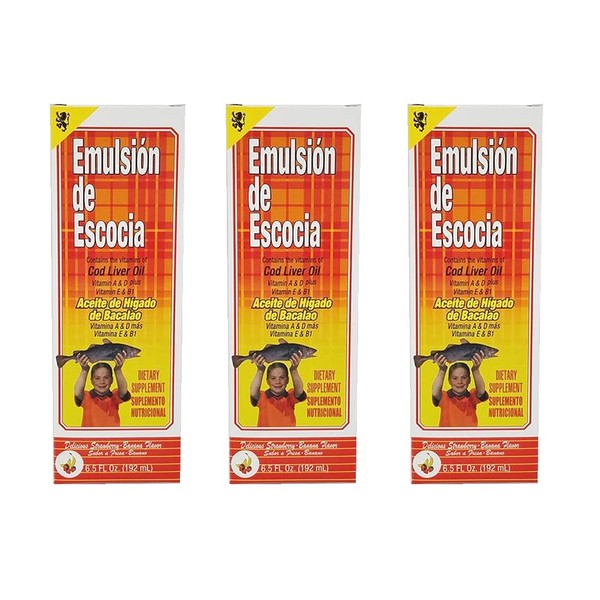 Emulsion de Escocia. Cod Liver Oil Dietary Supplement. Rich in Vitamins A, D, E and B1. Strawberry and Banana Flavour. 6.5 Fl.Oz / 192 mL. Pack of 3