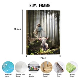 Christian Wall Art Jesus Chasing Lost Lamb Jesus and Lamb Canvas Print Inspirational Wall Decor Canvas Print Christian Gift 12x16 inch Framed
