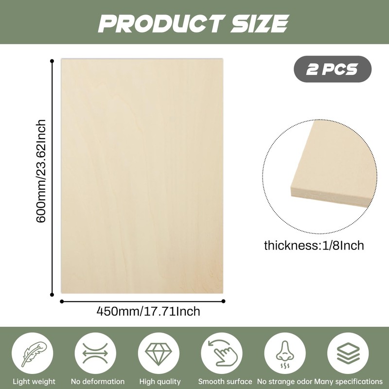 2 Pack Plywood Sheets, 18" x 24"x 1/8" Basswood Sheets,