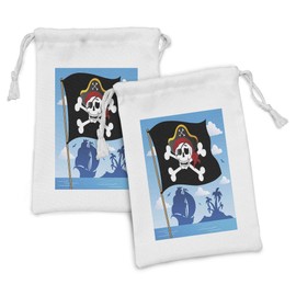 Lunarable Pirate Fabric Pouch Set of 2, Danger Sign Beware Warning Skull Hat Flag Deserted Island in the Back, Small Drawstring Bag for Toiletries Masks and Favors, 9" x 6", Blue Black White
