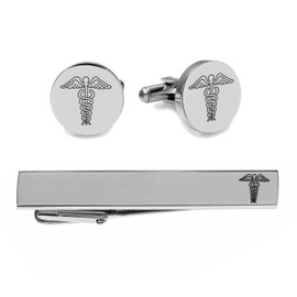 Engraved Silver Caduceus Cufflinks & Tie Clip Set For Doctors - Ships From USA