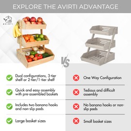 Avirti Adjustable 3 Tier OR 2 Tier Bamboo Fruit Basket for Kitchen – 2 Banana Hooks – Organizer for Countertop - Fruit and Vegetable Storage – Large Capacity Fruit Basket Stand for Pantry 2025