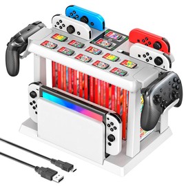【Z】Switch Games Organizer Station with Controller Charger, Charging Dock for Switch & OLED Joycons, Switch Mounts, Brackets & Stands for Games, TV Dock, Pro Controller, Accessories Kit Storage - Color: White