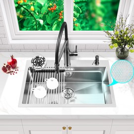 Waterfall Kitchen Sink, Drop In/Topmount Workstation Glass Rinser Single Bowl Kitchen Sink