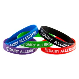 Dairy Allergy ID Bracelet Wristband Combo - 5 Pack - 8 Inches - Standard - Black Blue Green Red Purple