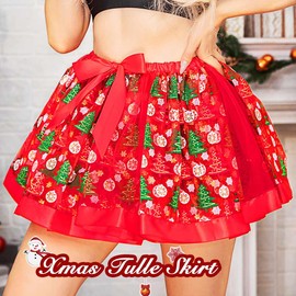 Nicute Christmas Tutus Xmas Dance Skirts Layered Tulle Santa Tutu Skirt Holiday Costume Tutu for Women (A-Red & Ribbon& Christmas Tree)